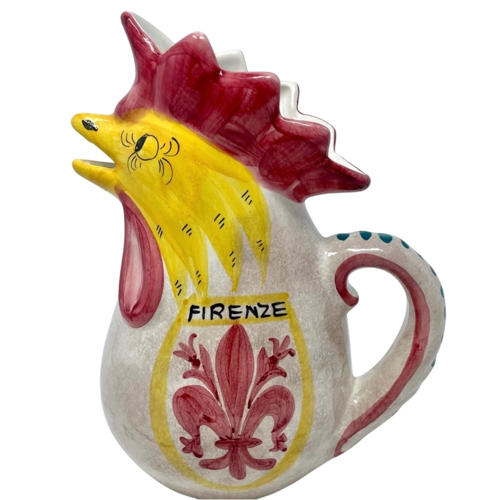 Vintage Deruta Italy Majolica Pottery Rooster Pitcher Florals Fleur de Leis